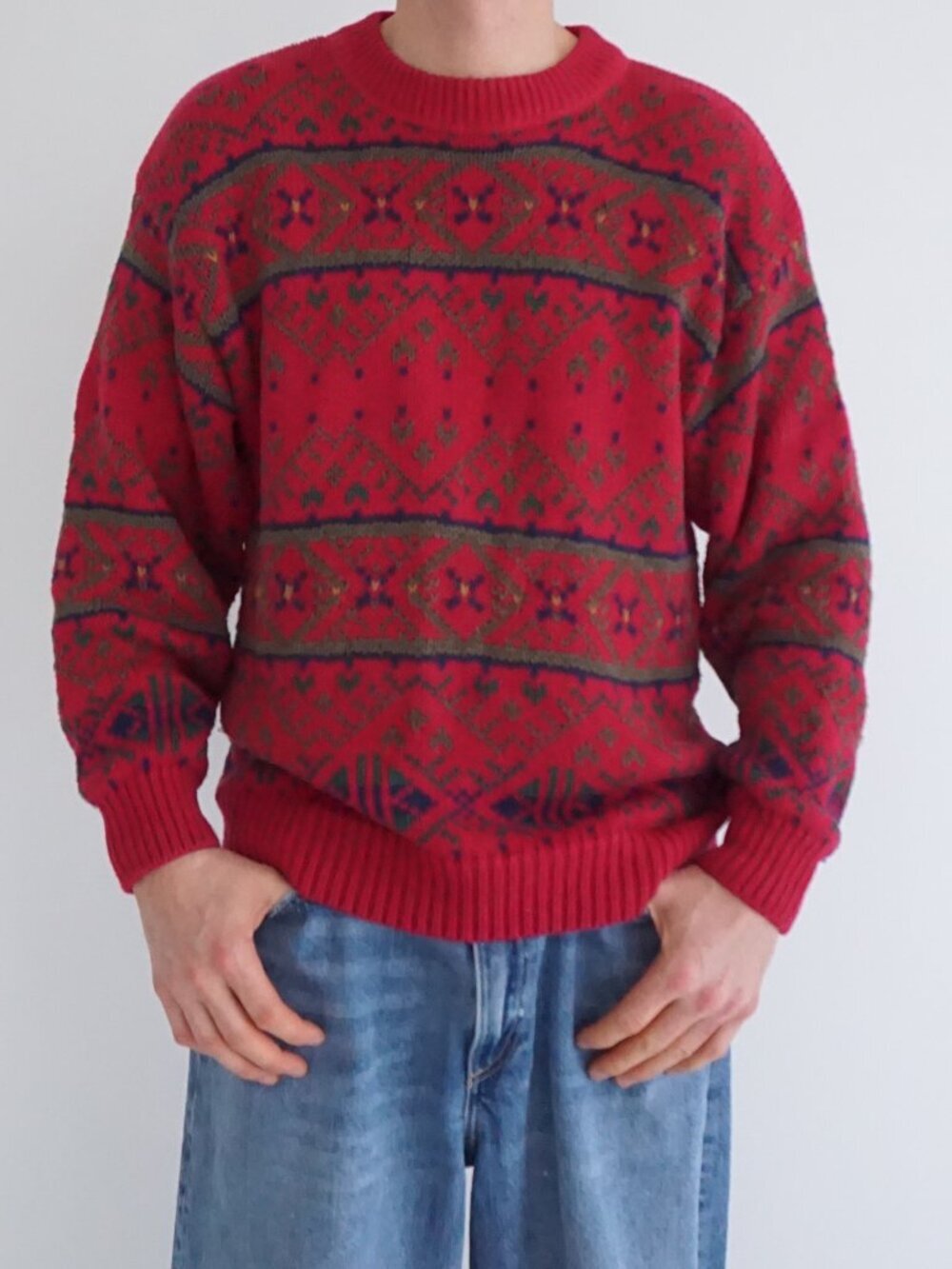 LT Collections Red Nordic Fair Isle Cotton Knit Heritage Sweater Fireside Mens M